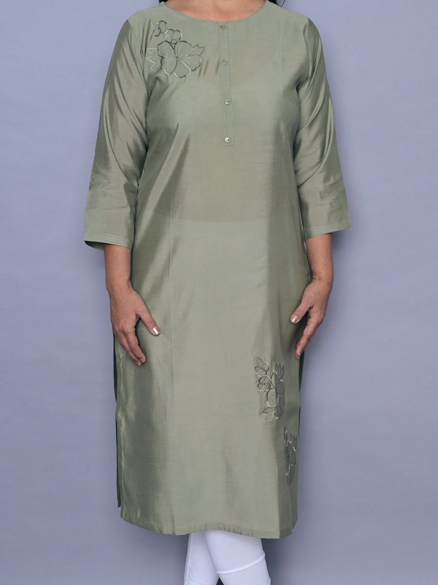 Solid Green Straight Kurti with Cut Work