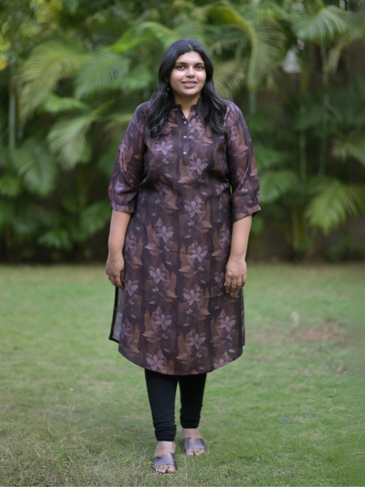 Dark Purple Straight Cut Floral Kurti