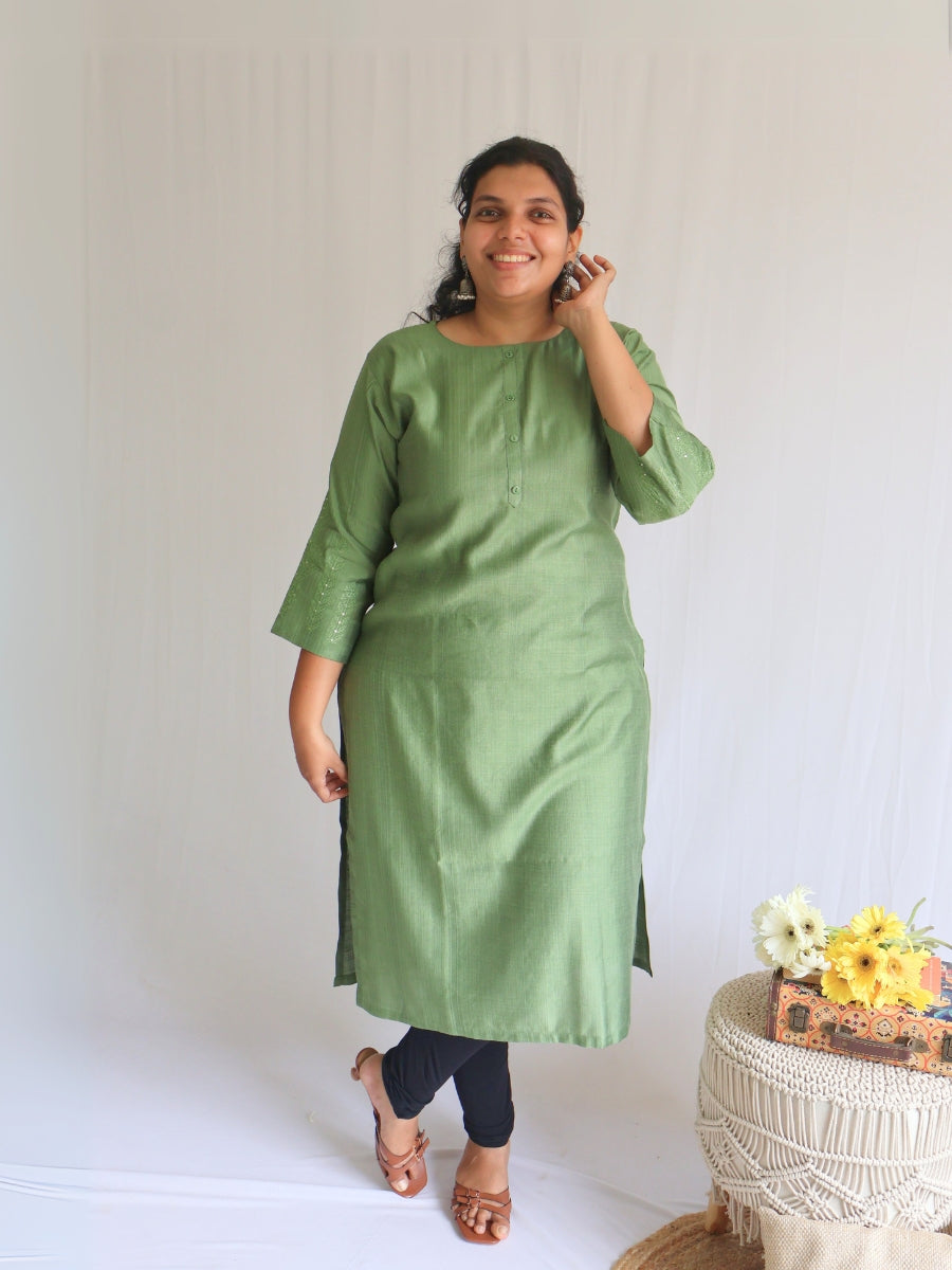 Forest Green Self-Embroidery Straight Cut Kurta