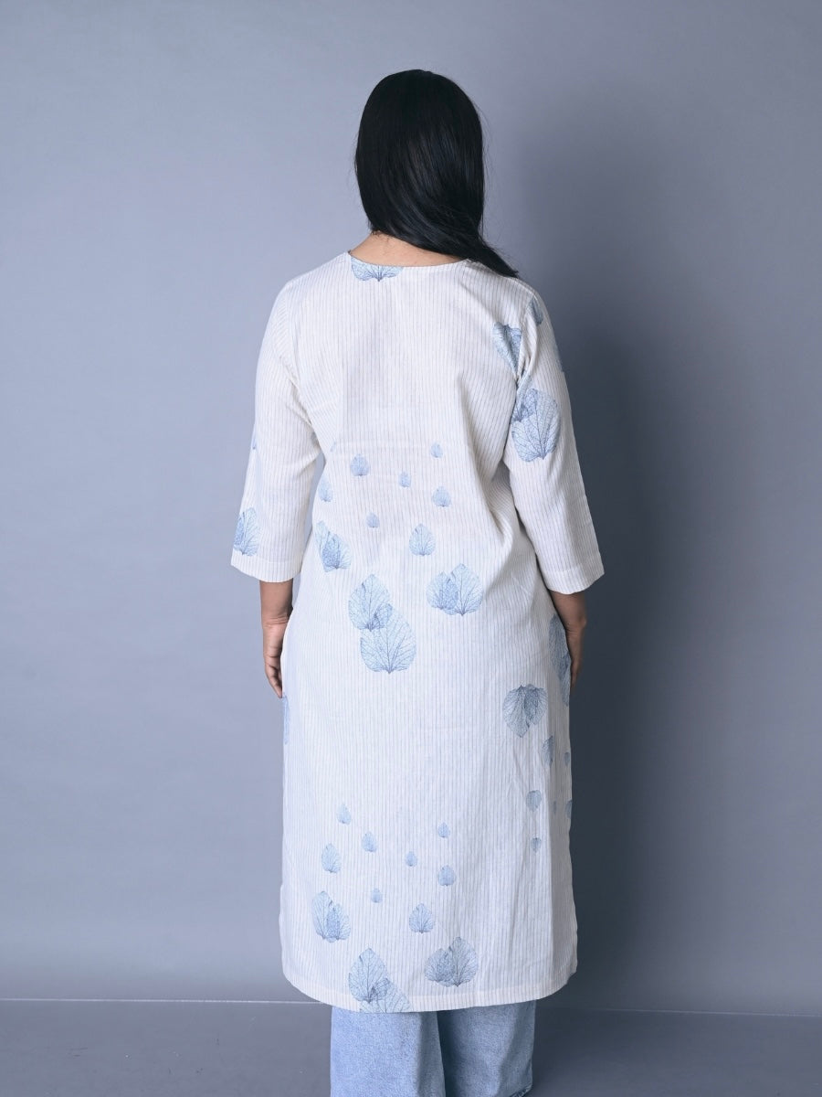 Off-White Side-Cut with Front Pleats Kurti (Blue Leaf)