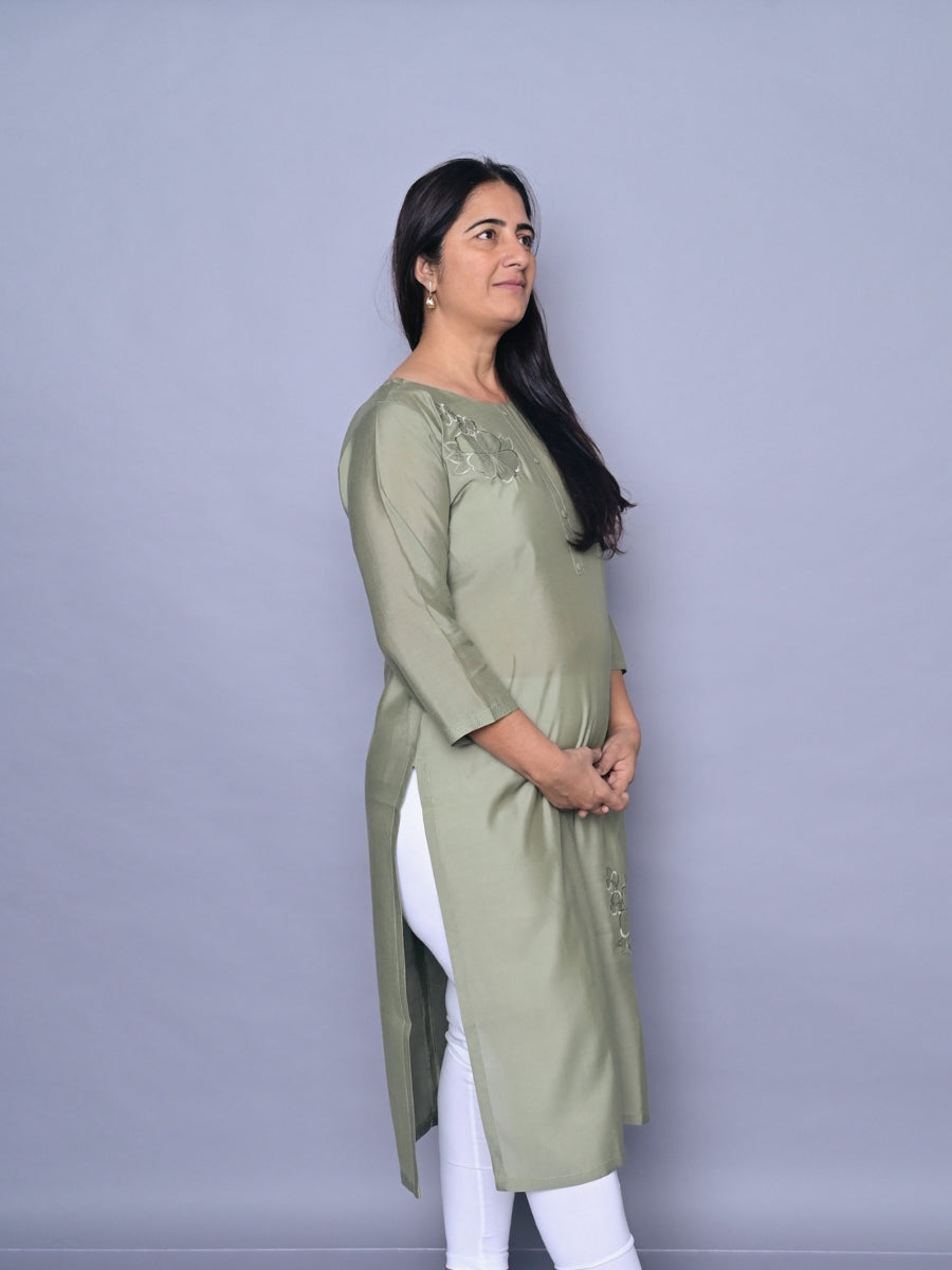 Solid Green Straight Kurti with Cut Work