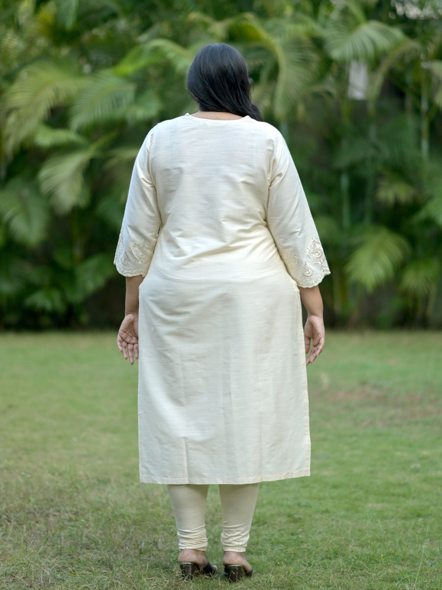 Cream Silk Embroidered Kurta