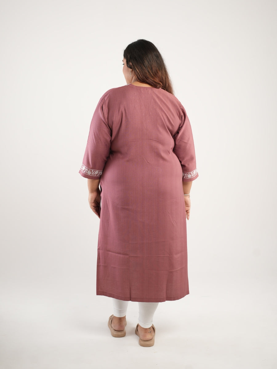 Mauve Embroidered V-Neck Straight Kurta