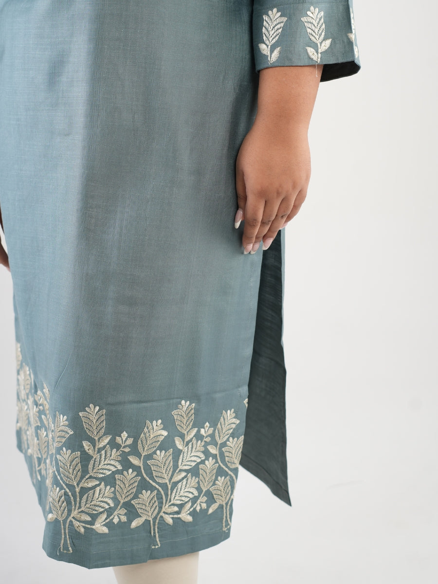 Slate Blue Embroidered Straight Kurti