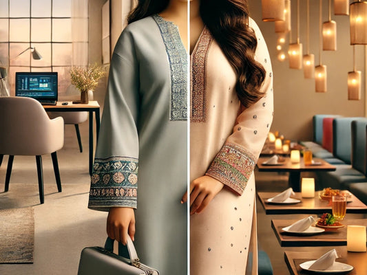 split image showing a woman wearing Aura Plus's versatile kurti in the office and for a dinner