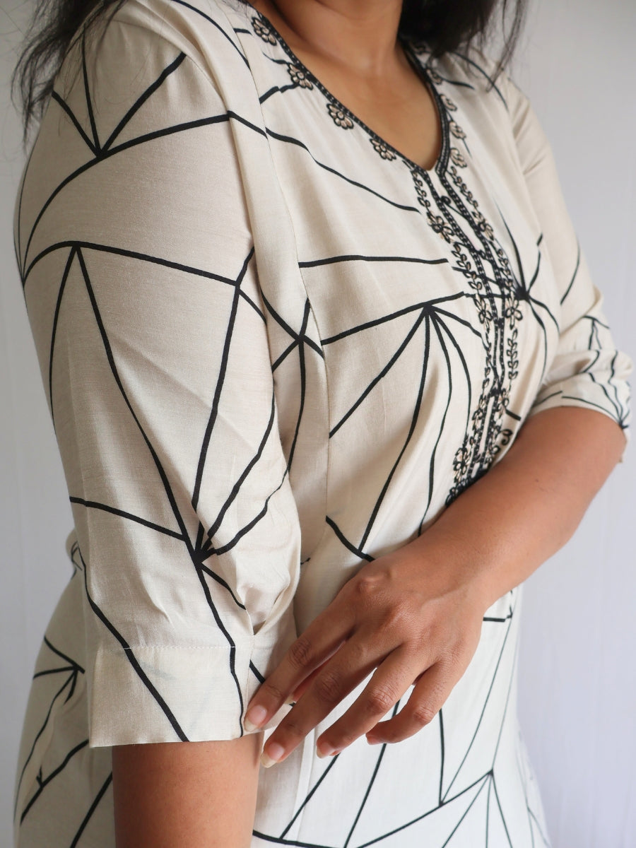 Ivory Embroidered A-Line Silk Kurti