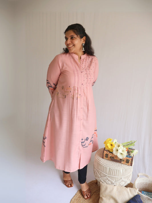 Salmon Pink A-Line Kurti (with Front Pleats)