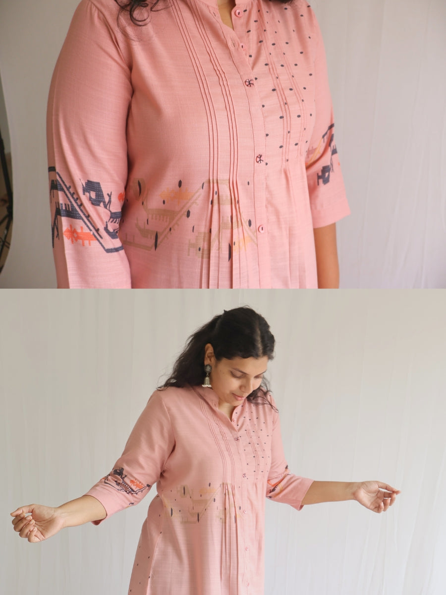 Salmon Pink A-Line Kurti (with Front Pleats)