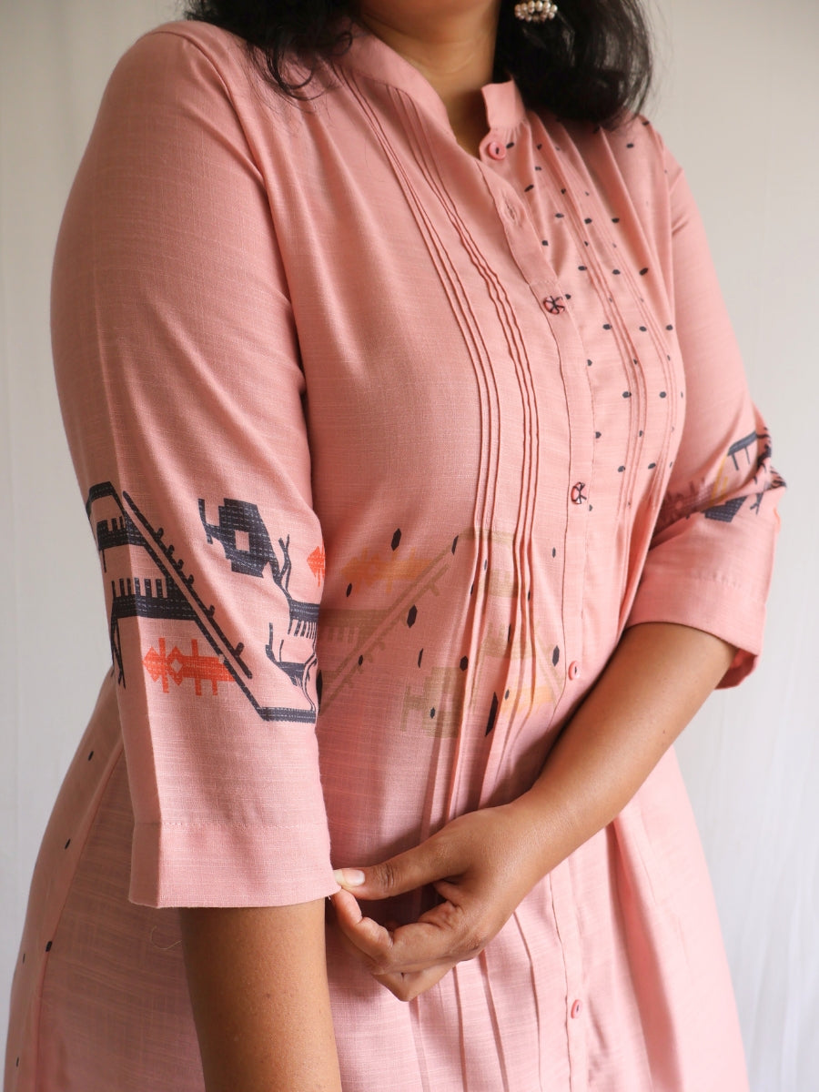 Salmon Pink A-Line Kurti (with Front Pleats)