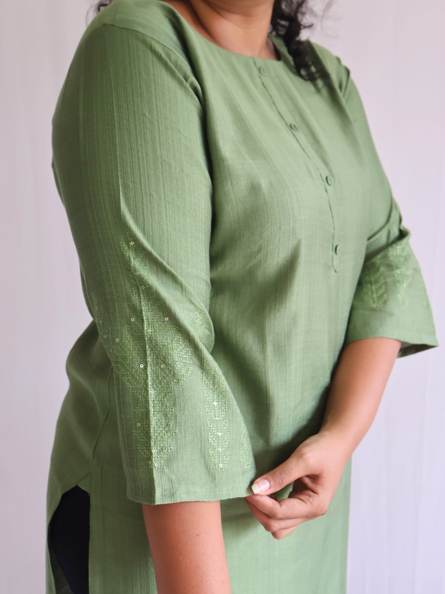 Forest Green Self-Embroidery Straight Cut Kurta