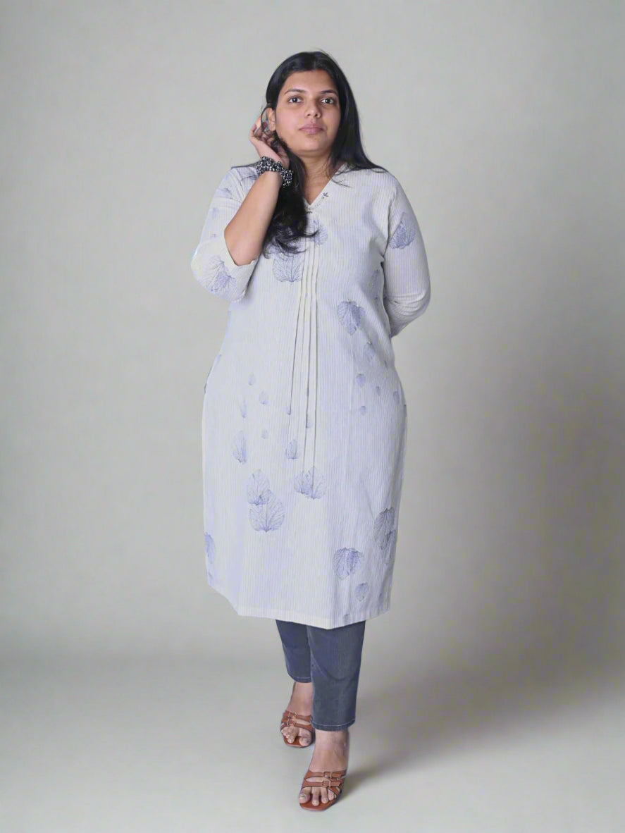 Off-White Side-Cut with Front Pleats Kurti (Lavender Leaf)