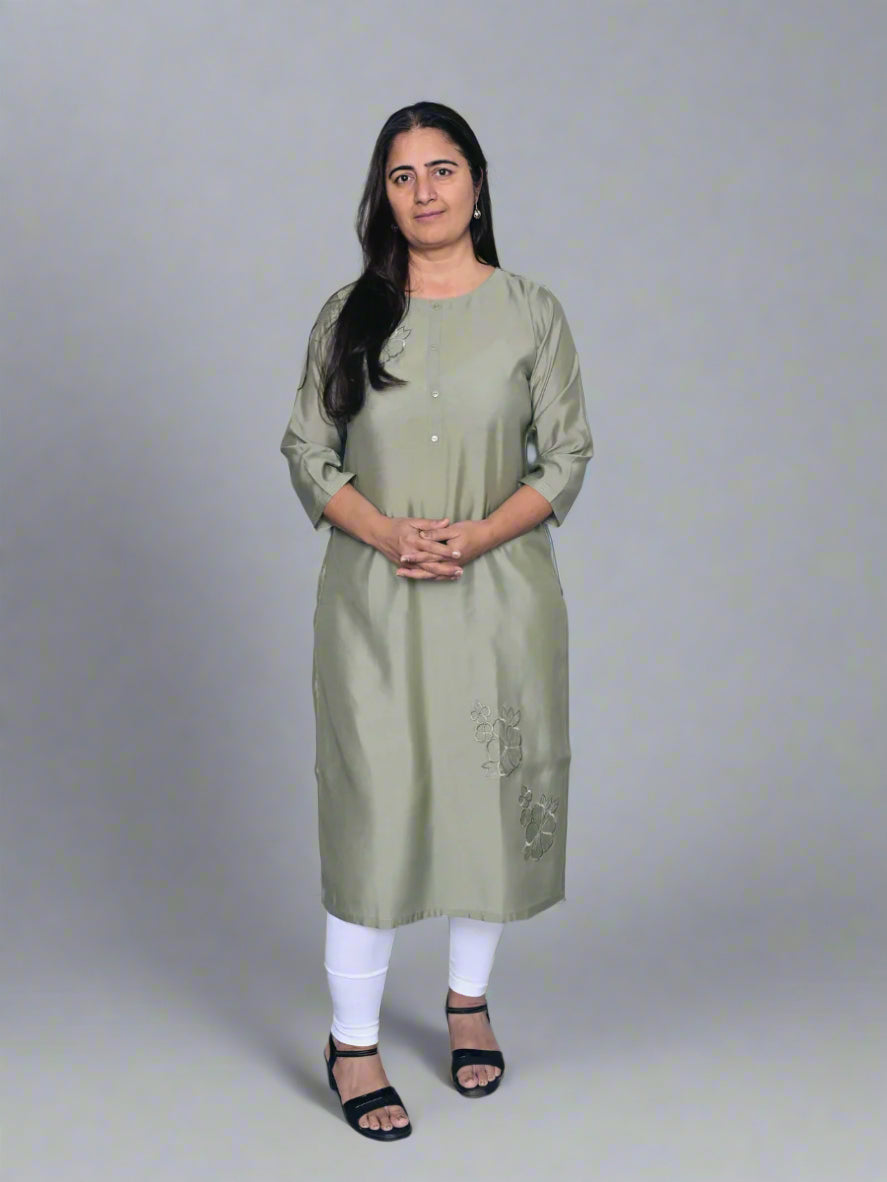 Solid Green Straight Kurti with Cut Work