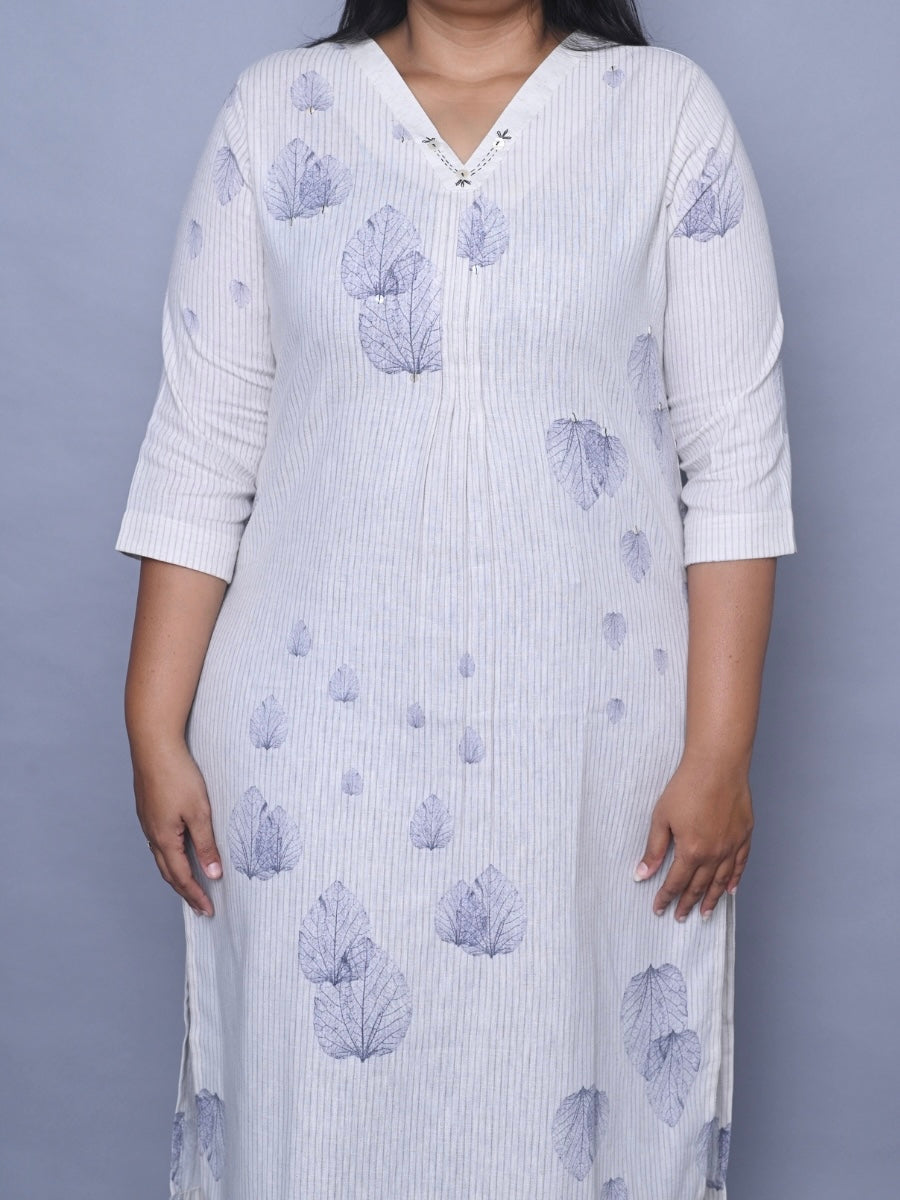 Off-White Side-Cut with Front Pleats Kurti (Lavender Leaf)