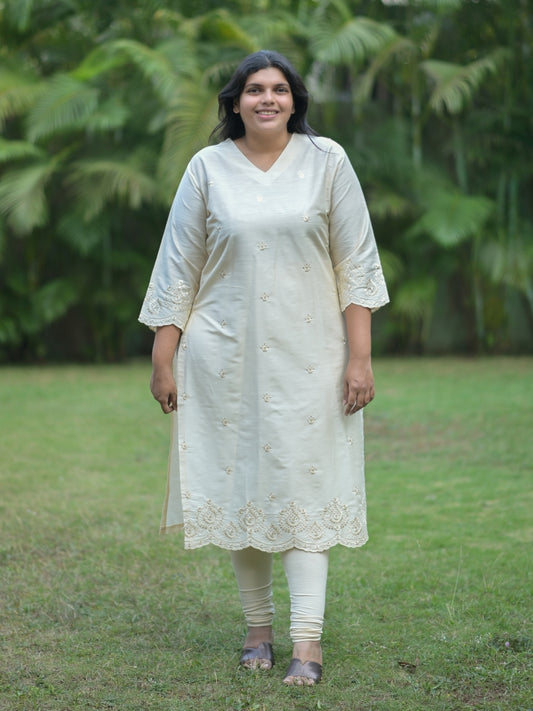 Cream Silk Embroidered Kurta