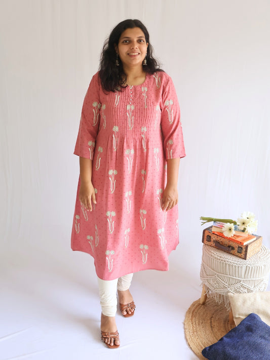 Pink Round Neck Georgette A-Line Kurta