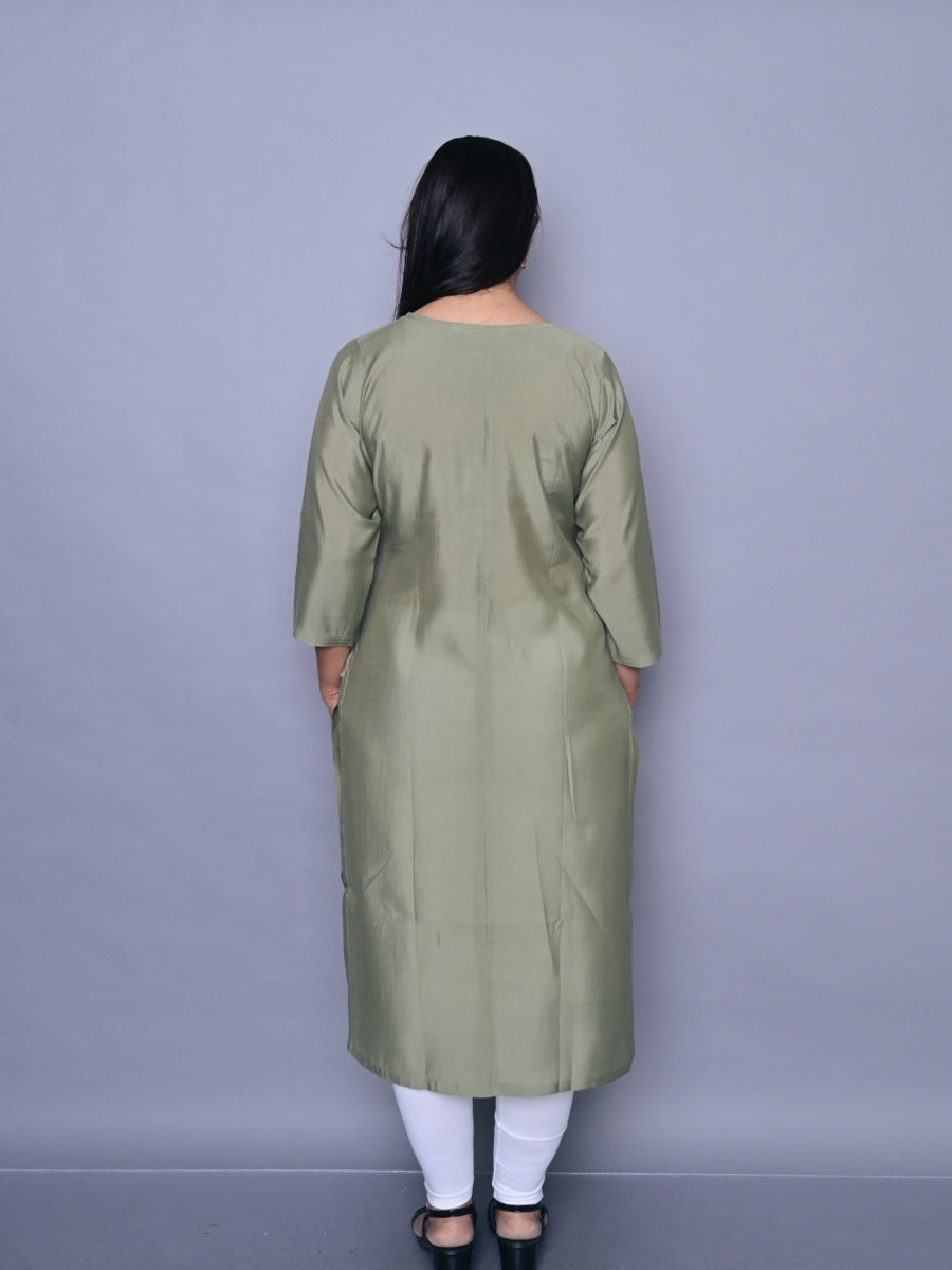 Solid Green Straight Kurti with Cut Work