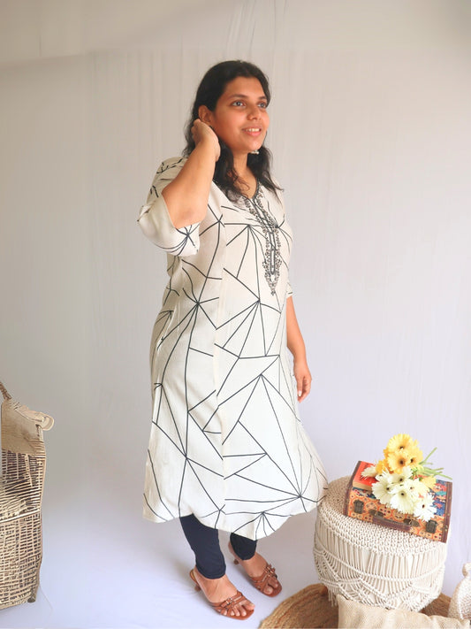 Ivory Embroidered A-Line Silk Kurti