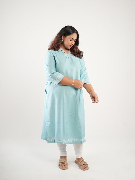 Sky Blue Embroidered V-Neck Straight Kurta