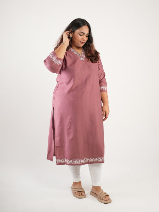 Mauve Embroidered V-Neck Straight Kurta