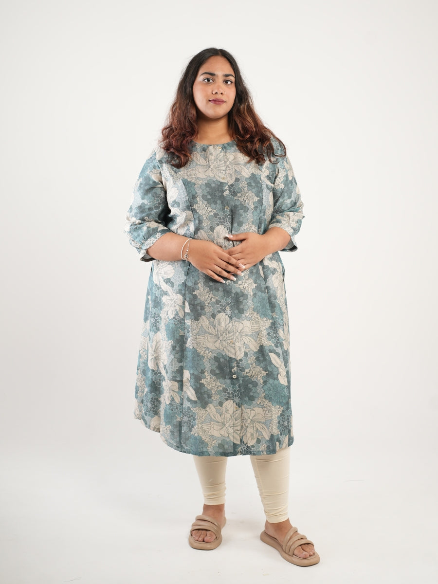 Floral Blue and Ivory A-Line Kurti