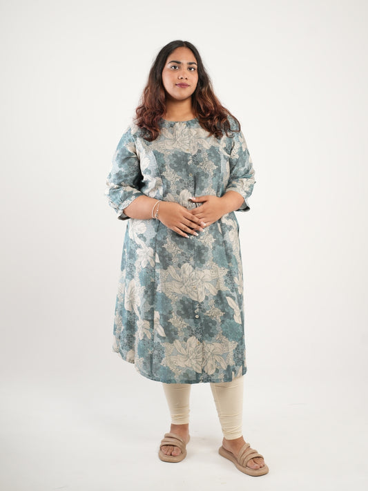 Floral Blue and Ivory A-Line Kurti