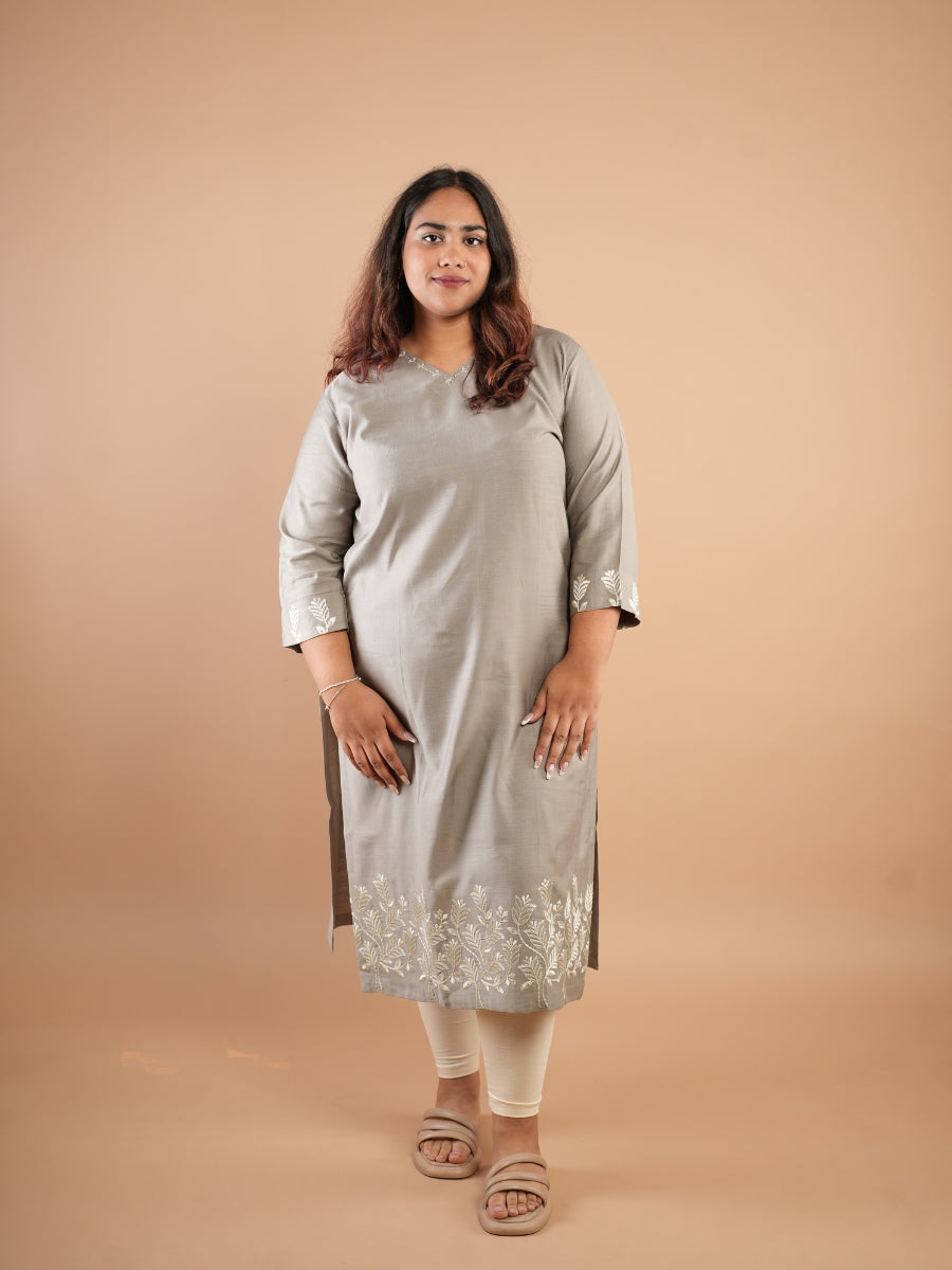 Grey Embroidered Straight Kurti