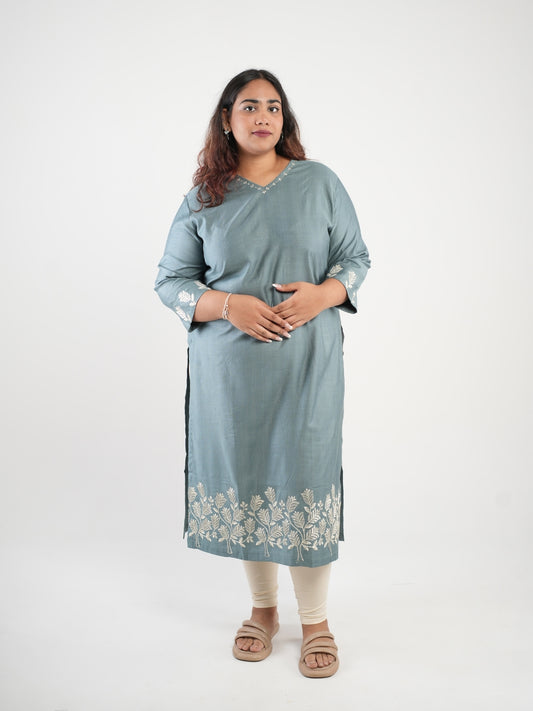 Slate Blue Embroidered Straight Kurti