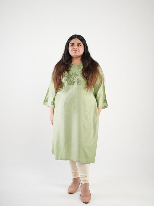 Green Embroidered Straight Kurti