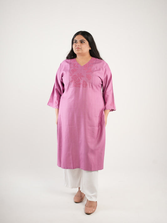 Pink Embroidered Straight Kurti