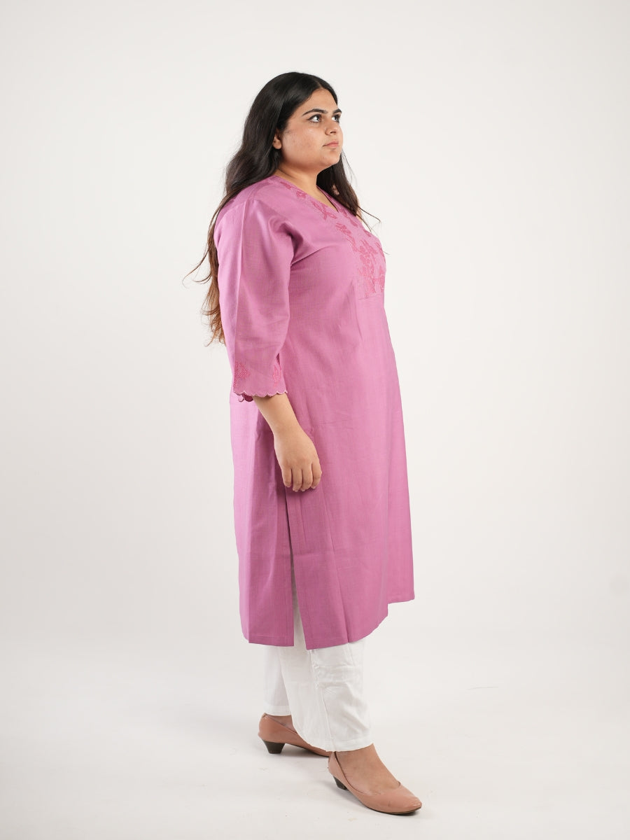 Pink Embroidered Straight Kurti