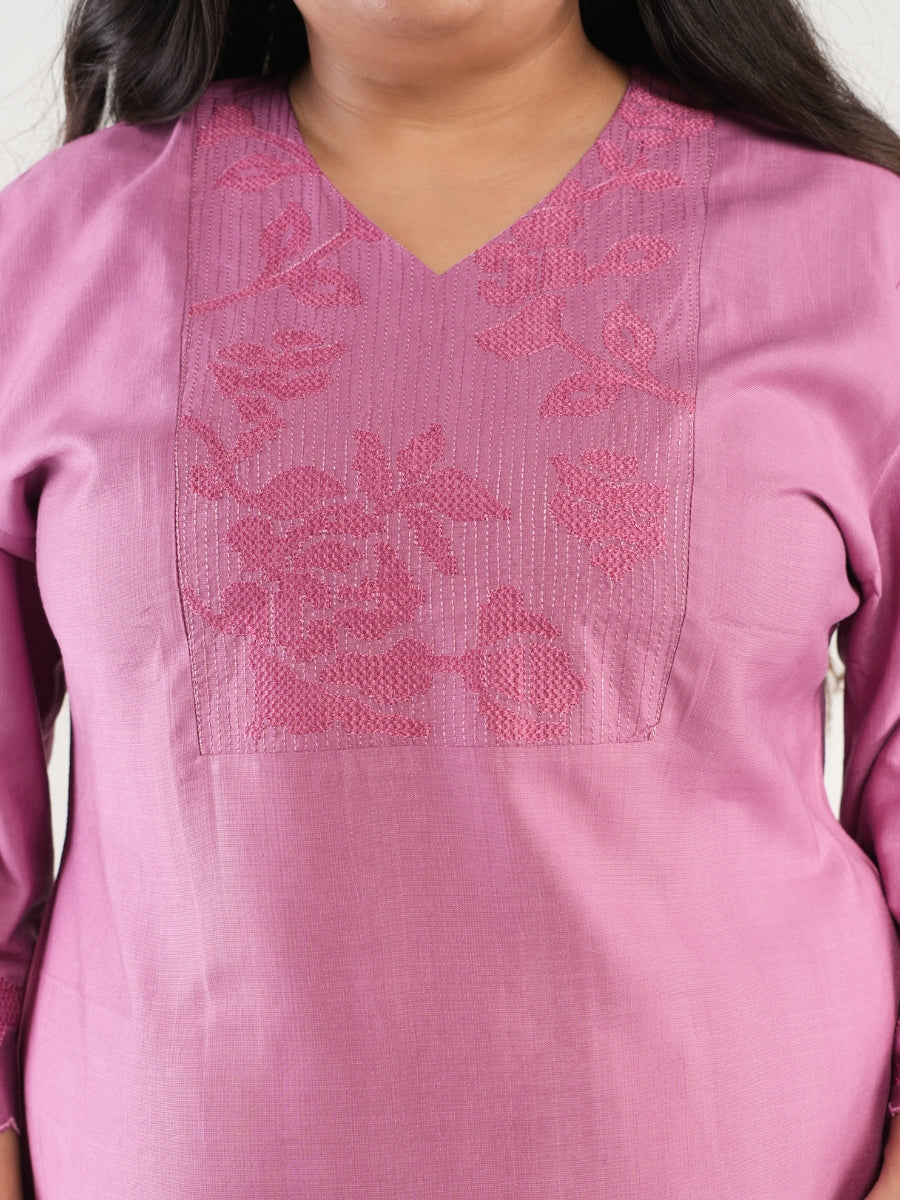 Pink Embroidered Straight Kurti