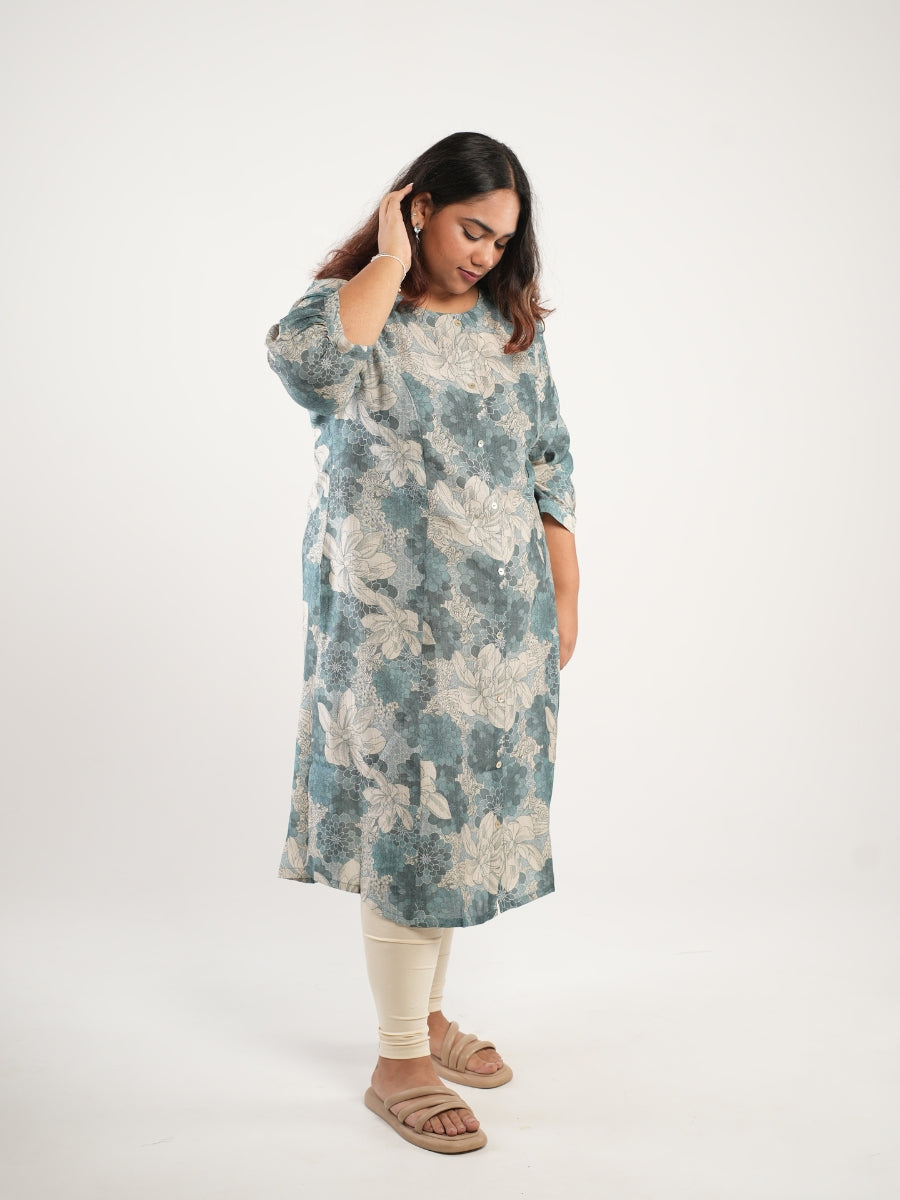 Floral Blue and Ivory A-Line Kurti