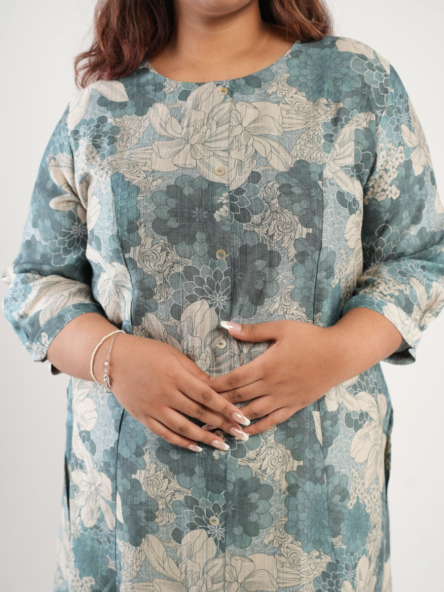 Floral Blue and Ivory A-Line Kurti