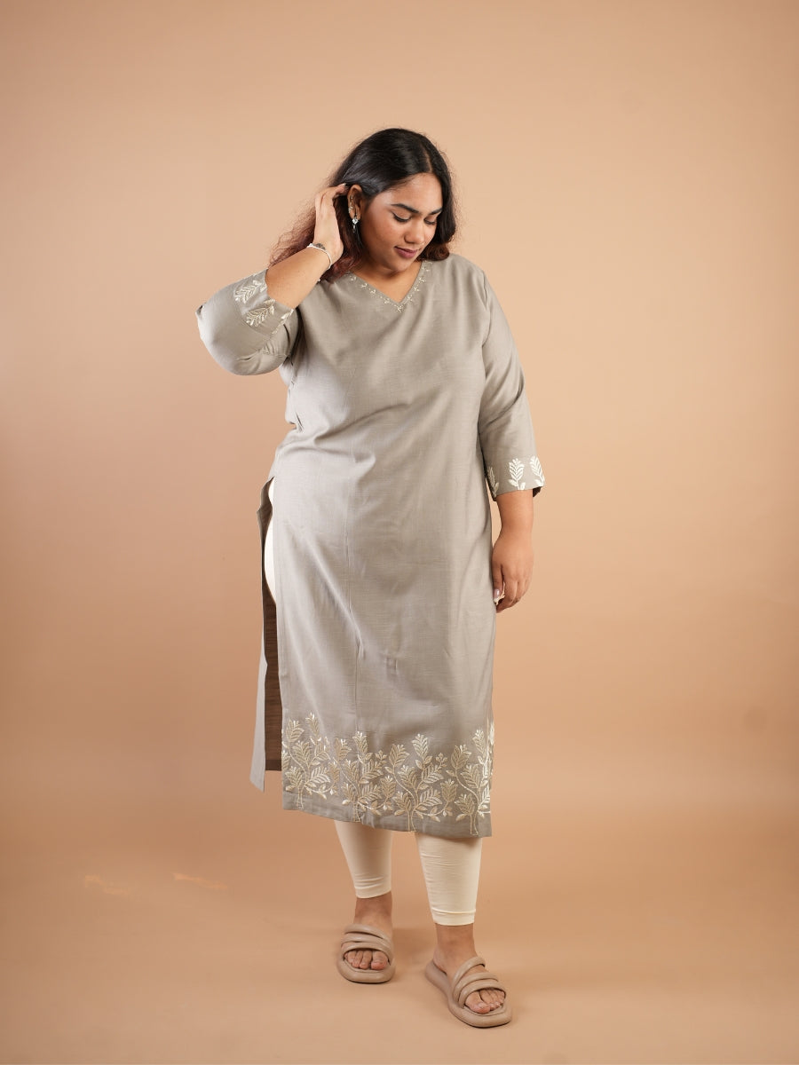 Grey Embroidered Straight Kurti