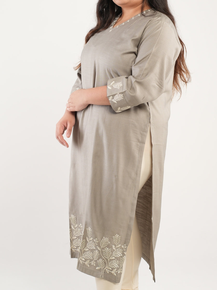 Grey Embroidered Straight Kurti