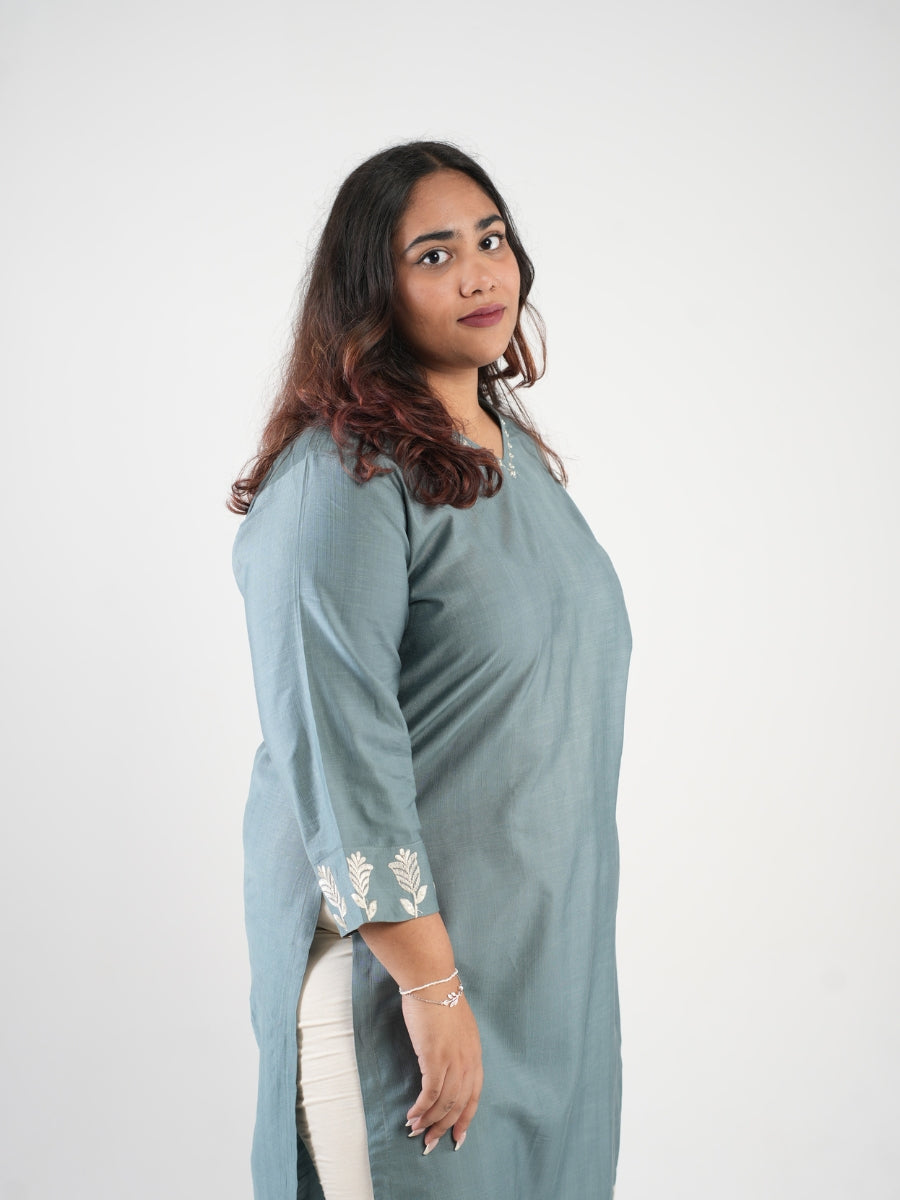 Slate Blue Embroidered Straight Kurti